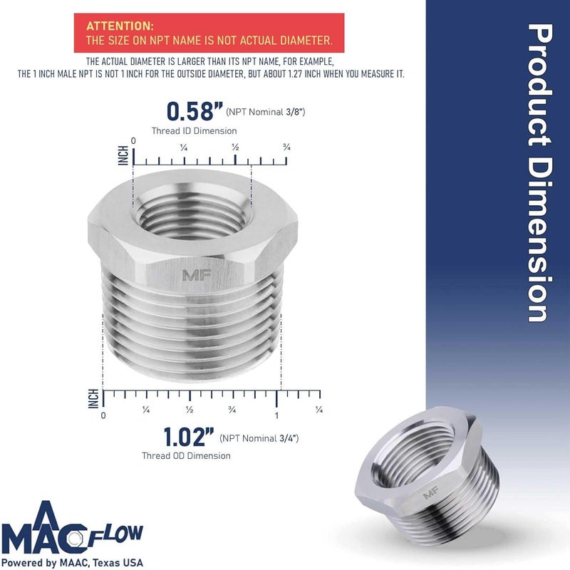 MAACFLOW Stainless Steel 3/4" Male NPT to 3/8" Female NPT Adapter Reducer Hex Bushing (Thread OD 1.02" - ID 0.58") (Pack of 1) - Image 2